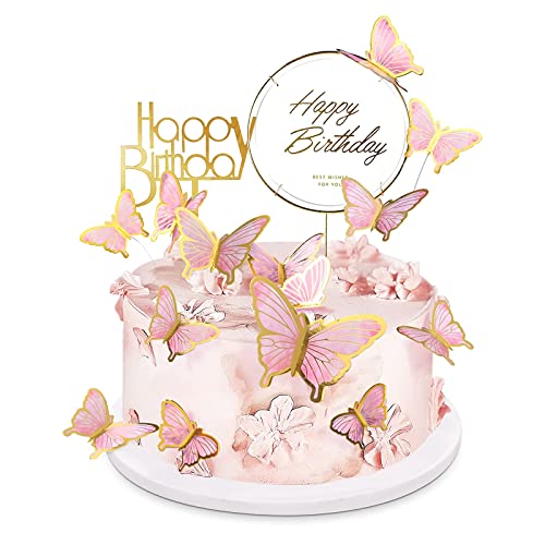 Schmetterlinge Tortendeko 22 Stück 3D Happy Birthday Cake Topper Zum Dekorieren Von Kuchen Cupcakes Dessert Geburtstag Hochzeit (Pink) von NOLACE