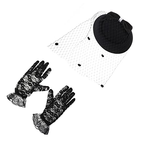 NOLITOY 1 Satz Cocktailhut Damen Hüte Brautschleier Teehut Und Handschuhe Pillbox-hut Mit Schleier Kappen Kleid Schwarze Spitzenhandschuhe Party Hüte Für Frauen Retro Top -hut Black Stoff von NOLITOY