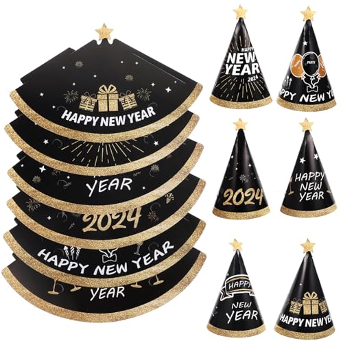 NOLITOY 12 Stück Neujahrsparty-Papierhüte Kegel-Partyhüte 2024 Silvester-Auflösung Kegel-Partyhut Für Kinder Und Erwachsene von NOLITOY