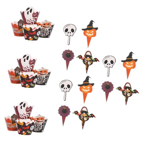 NOLITOY 2 Sätze Halloween Cupcake Deko mit Papierförmchen und Topper Picks mit Kürbis Fledermaus Spinne Vielseitig für Party Shower und Festtagsdeko von NOLITOY