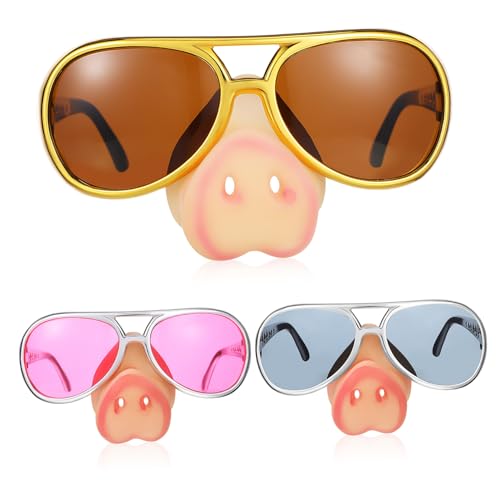NOLITOY 3 Stück Lustige Partybrillen mit Schweinenase Leichte Kunststoffbrillen Gold Silber Witzige Halloween Kostüm Accessoires für Erwachsene für Feiern und Verkleidungen von NOLITOY