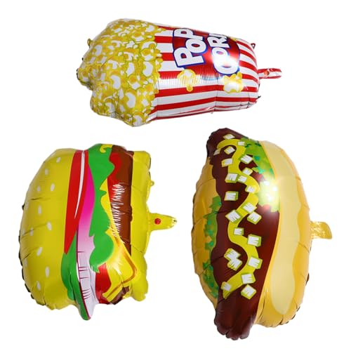 NOLITOY 3 Stück Teiliges Fast Food Folienballon mit Popcorn Hot Dog und Hamburger Robuste Kindergeburtstags Deko Schnelle Aufblaszeit Lebendige Motive für Kino und Karnevalspartys von NOLITOY