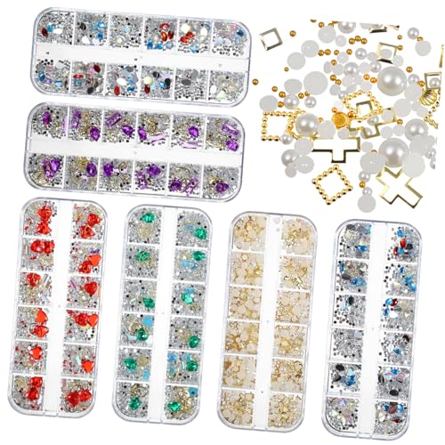 NOLITOY 6er Box Boxen Nagelkunst Strasssteine mit Fächern Mix aus Perlen und Rivet Glänzende Maniküre Dekoration für Damen und Mädchen DIY Nail Art Rhinestones für Natürliche und von NOLITOY
