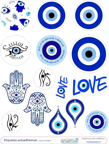Aufkleber mit türkischem Auge, Nazar, Glücksbringer, Schutz vor bösen Augen und schlechten Energien, 15 Stück, blaues Auge, Symbolhilfe, Vibration, Handkreis, Love Aufkleber mit türkischem Auge, Nazar, Glücksbringer, Schutz vor bösen Augen und schlechten Energien, 15 Stück, blaues Auge, Symbolhilfe, Vibration, Handkreis, Love von NOMBRETINAS ETIQUETAS QUE HACEN LA DIFERENCIA