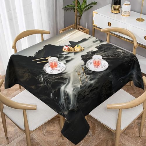 NONHAI Quadratische Tischdecke für Esstisch, 137,2 x 137,2 cm, Stoff-Tischdecke, robuste Küstenlinie, schwarz-weiß, wasserabweisend, Tischdecke für Küche, Bauernhaus, dekorative Tische, Stoffbezug von NONHAI