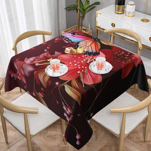NONHAI Quadratische Tischdecke für Esstisch, 137,2 x 137,2 cm, Stofftischdecke, rote Blume und Schmetterlinge, wasserabweisend, Tischdecke für Küche, Bauernhaus, dekorative Tische von NONHAI