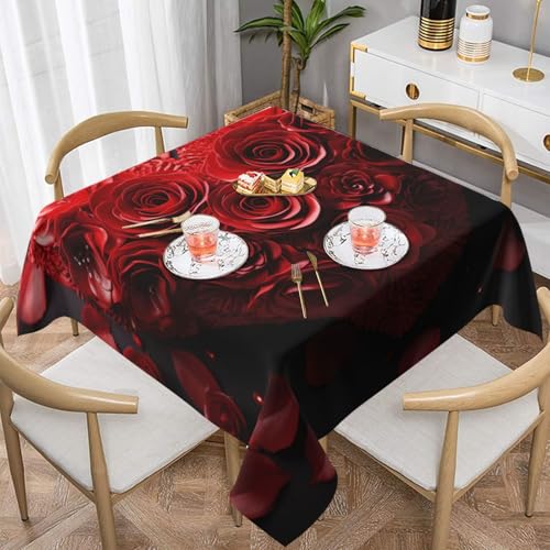 NONHAI Quadratische Tischdecke für Esstisch, 137,2 x 137,2 cm, Stofftischdecke, rote Rose, Herz, wasserabweisend, Tischdecke für Küche, Bauernhaus, dekorative Tische, Stoffbezug von NONHAI