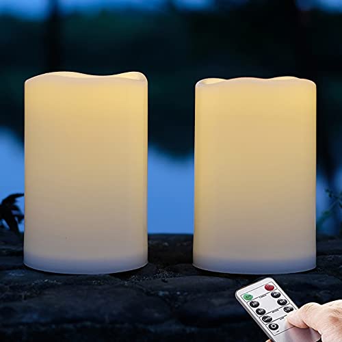 NONNO&ZGF 10cm X 15cm Outdoor Groß LED im Freien Wasserdichte Kerzen, Batteriebetriebene Plastikkerze mit Fernbedienung/Timer-Funktion (Warmweißes Licht) - 2er-Set von NONNO&ZGF