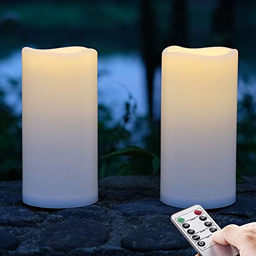 NONNO&ZGF 10cm X 20cm Outdoor Groß LED im Freien Wasserdichte Kerzen, Batteriebetriebene Plastikkerze mit Fernbedienung/Timer-Funktion (Warmweißes Licht) - 2er-Set von NONNO&ZGF
