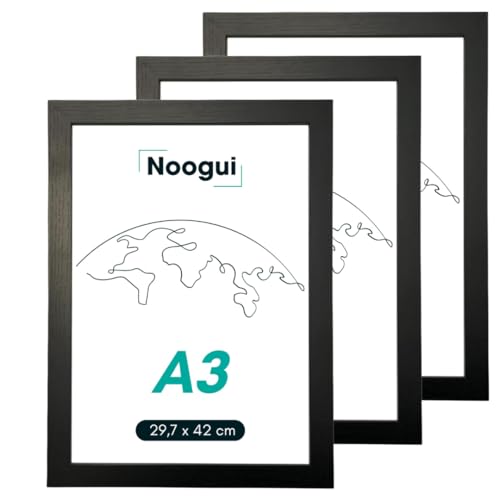 NOOGUI 3er‑Set Bilderrahmen A3 Holz Schwarz | Mit Antireflex‑Plexiglas | Für Fotos, Diplome, Poster oder Puzzle | Vertikal & Horizontal | 30×42 cm von NOOGUI