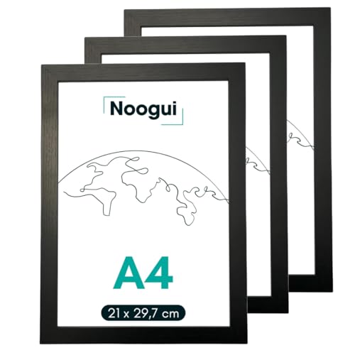 NOOGUI Bilderrahmen A4 Holz Schwarz | | x3 Einheiten | DIN A4 Rahmen Entspiegelt | für Fotos und Diplome | Holzrahmen für Wandmontage vertikal & horizontal 21x30 Cm [x3 Einheiten] von NOOGUI