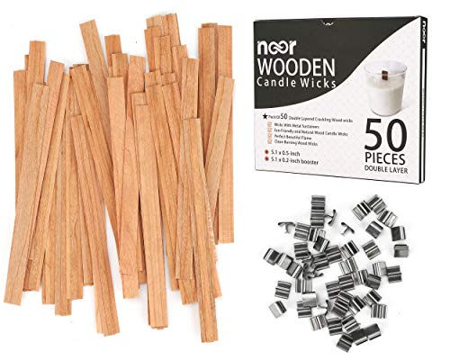 Noor Holzdochte zur Kerzenherstellung – 50 Stück rauchfreie Holzdochte mit Booster Knisterholzdocht mit Metallclips für Kerzenherstellung und DIY Kerzenhandwerk von NOOR