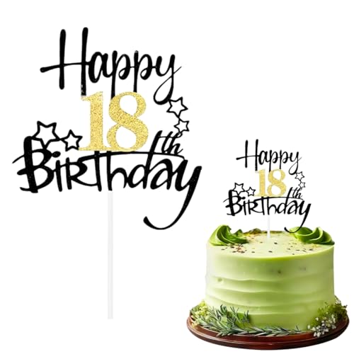 NOPKESV 1 Stück Happy 18th Birthday Cake Topper Torten Deko Kuchendeko Geburtstagstorte Deko Frauen Männer (Gold, Schwarz) von NOPKESV