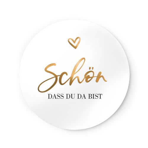 Aufkleber Etikett Schön dass du da bist 20 Stück | D 4cm Rund in Gold-Weiß | Elegante hochwertige Sticker ideal für Gastgeschenke Willkommensgruß zur Hochzeit Taufe Konfirmation Jubiläum NORDEULE Aufkleber Etikett Schön dass du da bist 20 Stück | D 4cm Rund in Gold-Weiß | Elegante hochwertige Sticker ideal für Gastgeschenke Willkommensgruß zur Hochzeit Taufe Konfirmation Jubiläum NORDEULE von NORDEULE