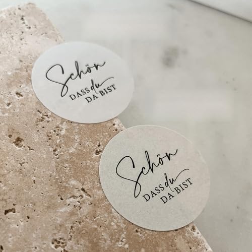 Aufkleber Schön dass du da bist 40er Set | 3cm runde Etiketten Schwarz-Weiß | Sticker für DIY Gastgeschenk Willkommensgeschenk Hochzeit Taufe NORDEULE (Skandinavisch, Matt Paper Look, Ø 3cm (40 Stk.)) von NORDEULE