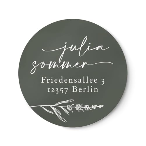 Personalisierte Adressaufkleber mit Lavendelzweig Olivgrün | 4cm Runde wischfeste Etiketten 24 Stück | ideal für Einladungskarten Umschläge Briefpost Geschenke NORDEULE (Matt Pure (Folie)) von NORDEULE