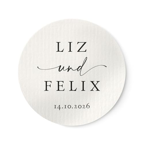 Personalisierte Aufkleber zur Hochzeit mit Name Datum | 4cm Runde wischfeste Etiketten 24 Stück mit Wunschtext | ideal für Einladungskarten Gastgeschenke Umschläge NORDEULE (Natur, Ø 4cm (24 Stk.)) von NORDEULE