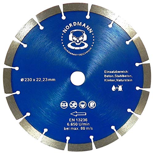 NORDMANN DIAMANTTECHNIK Diamant-Trennscheibe N-12 Ø 230 mm x 22,23 mm Bohrung, Diamantscheibe für Beton, Stahlbeton, Klinker und Ziegel (230 x 22,23 mm (plus)) von NORDMANN DIAMANTTECHNIK