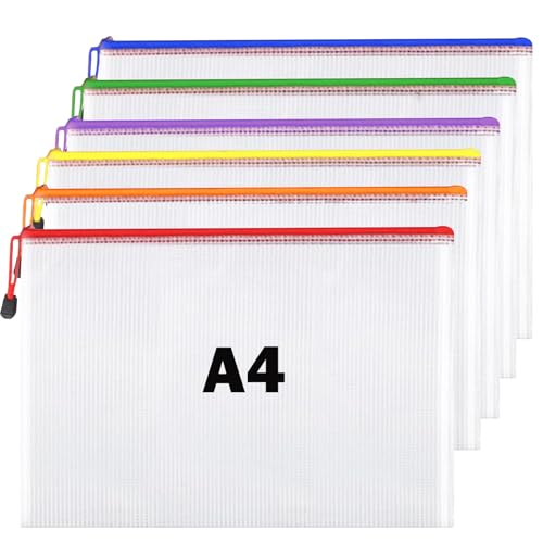 Kunststoffhüllen A4 mit Reißverschluss, 6 Stück, wasserdicht, Dokumentenmappe, Dokumentenmappe, Dokumententasche mit Reißverschluss, Netzbeutel für Schule, Büro, Zuhause und Reisen (6 Farben) von NORTHERN BROTHERS