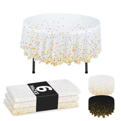 NORZEE Einweg-Kunststoff-Tischdecken, 213,4 cm, runde Tischdecke, Gold-Konfetti, Weiß, 6 Stück (6, Weißgold) von NORZEE