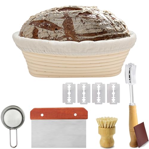 Gärkörbchen Oval 25cm Set für Sauerteig - XL Banneton Brotbackkorb Premium Set, Proofing Basket aus Peddigrohr mit Teigschaber, Brotlame, Mehlsieb von NOSTOSON