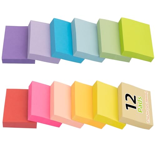 NOTEZMATE 12 Stück Haftnotizen Klebezettel,50 x 38mm Sticky Notes, 1200 Blatt Farbige Haftnotizen Selbstklebende Notizzettel für Schule, Zuhause, Büro,100 Blätter/Notizzettel(12 Farbe) von NOTEZMATE