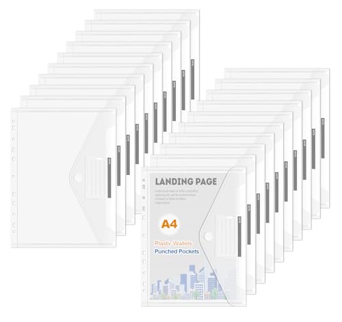 NOTEZMATE 36 Stück Dokumentenmappe A4, Transparent A4 kunststoffmappen mit 11 löcher, umschlagmappen mit klettverschluss, etikettentasche für jede Abheftung, einfache Organisation von NOTEZMATE