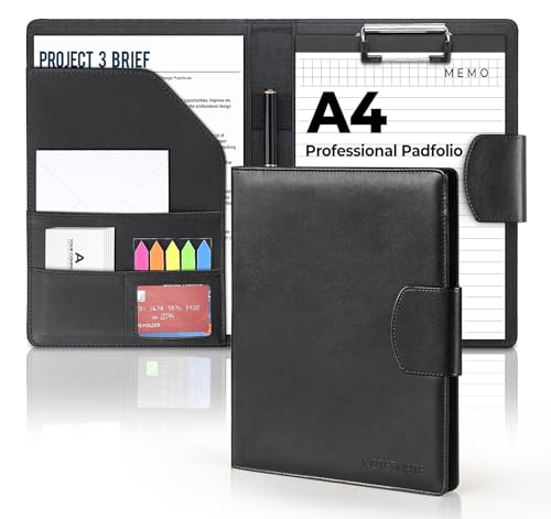 NOTEZMATE A4 Klemmbrett Schreibmappe Mit Magnetschluss,Ordner Klemmbrettmappe DIN A4 aus PU-Leder,Portfolio Padfolio mit Papier und Stift,Dokumentenmappe Schwarz für Bürobedarf Schule Business Arbeit von NOTEZMATE