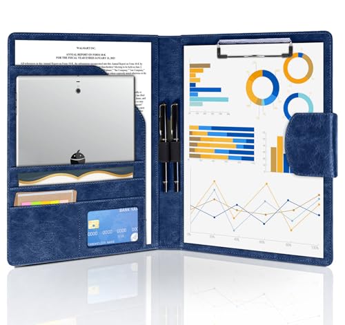 NOTEZMATE DIN A4 Mappen Schreibmappe, A4 PU-Leder Konferenzmappe Portfolio mit Deckel, Klemmbrettmappe A4 mit Dokumentenfächern, Stiftehalter und Magnetverschluss für Geschäftstreffen (Dunkelblau) von NOTEZMATE