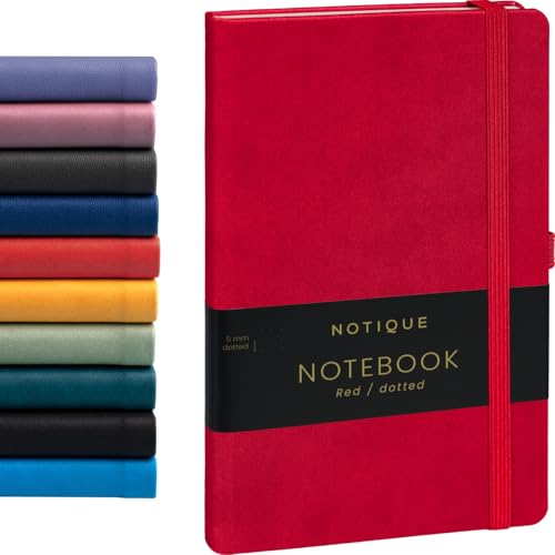 NOTIQUE Notizbuch Dotted, Hardcover Notizbuch, Notizheft, Journal, Tagebuch mit Gummiband und Stifthalter 13x21cm, 192 Seiten (Rot, Gepunktet) von NOTIQUE