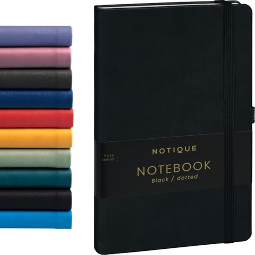 NOTIQUE Notizbuch Dotted, Hardcover Notizbuch, Notizheft, Journal, Tagebuch mit Gummiband und Stifthalter 13x21cm, 192 Seiten (Schwarz, Gepunktet) von NOTIQUE