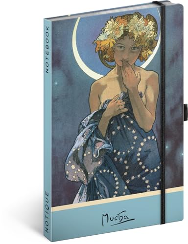 NOTIQUE Notizbuch Gepunktet mit Gummiband 13x21cm ca. A5, Designer Hardcover Notebook Dotted, Notizblock, Notizheft, Journal, Tagebuch für Erwachsene, Damen (Alphonse Mucha Luna) von NOTIQUE