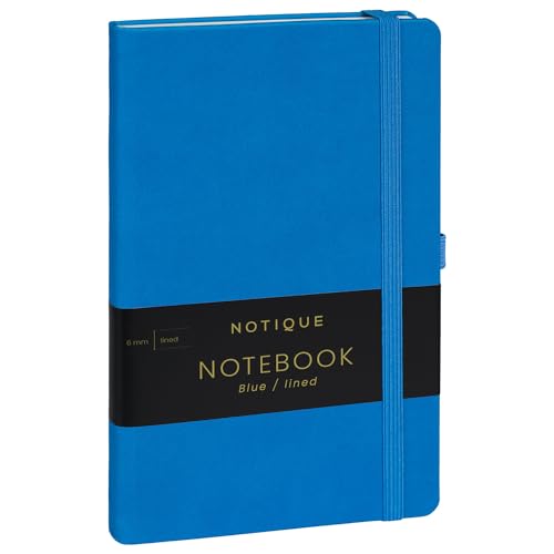 NOTIQUE Notizbuch Liniert, Hardcover Notizbuch, Notizheft, Journal, Tagebuch mit Gummiband und Stifthalter 13x21cm, 192 Seiten (Blau, Liniert) von NOTIQUE