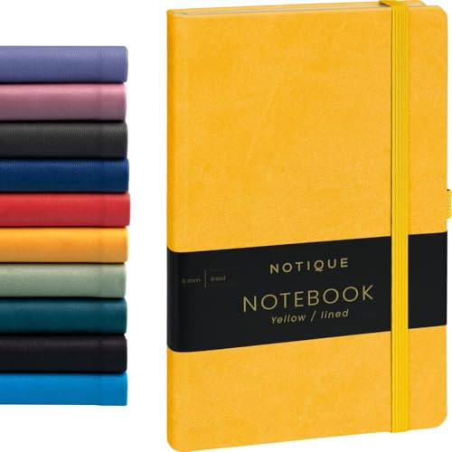 NOTIQUE Notizbuch Liniert, Hardcover Notizbuch, Notizheft, Journal, Tagebuch mit Gummiband und Stifthalter 13x21cm, 192 Seiten (Gelb, Liniert) von NOTIQUE