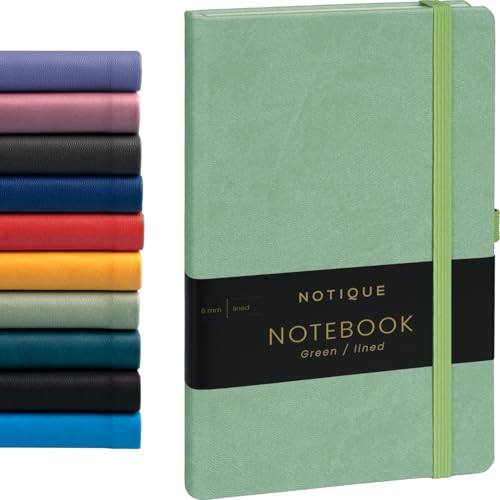 NOTIQUE Notizbuch Liniert, Hardcover Notizbuch, Notizheft, Journal, Tagebuch mit Gummiband und Stifthalter 13x21cm, 192 Seiten (Grün, Liniert) von NOTIQUE