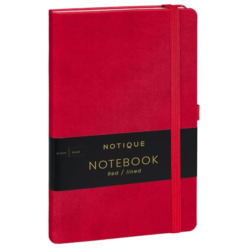 NOTIQUE Notizbuch Liniert, Hardcover Notizbuch, Notizheft, Journal, Tagebuch mit Gummiband und Stifthalter 13x21cm, 192 Seiten (Rot, Liniert) von NOTIQUE