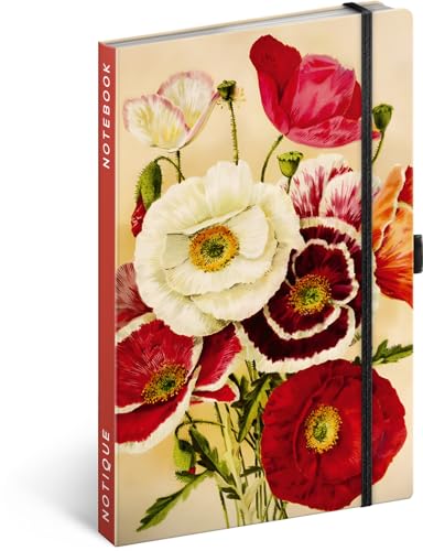 NOTIQUE Notizbuch Liniert mit Gummiband 13x21cm ca. A5, Designer Hardcover Notebook, Notizblock, Notizheft, Journal, Tagebuch für Erwachsene, Damen (Mohnblumen) von NOTIQUE