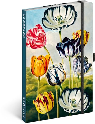 NOTIQUE Notizbuch Liniert mit Gummiband 13x21cm ca. A5, Designer Hardcover Notebook, Notizblock, Notizheft, Journal, Tagebuch für Erwachsene, Damen (Tulpen) von NOTIQUE