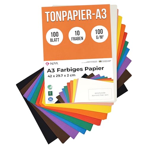 Packung mit 100 Tonpapier A3 Bunt | Kann Verwendet Werden als Druckerpapier A3, Tonpapier, Zeichenpapier a3, Kopierpapier A3, Bastelpapier & Watercolor Paper, Bunte Basteln A3 Papier, Buntes Papier A3 Packung mit 100 Tonpapier A3 Bunt | Kann Verwendet Werden als Druckerpapier A3, Tonpapier, Zeichenpapier a3, Kopierpapier A3, Bastelpapier & Watercolor Paper, Bunte Basteln A3 Papier, Buntes Papier A3 von NPA