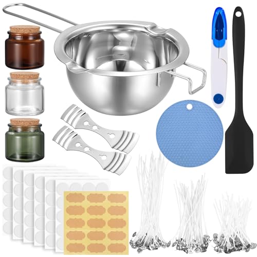 NPFVKSA Kerzen Selber Machen Set,480ml Wachsschmelztopf, 120 Kerzendocht，120kerzen Aufkleber, 3 kerzenglas Mit Deckel,Ihr Eigenes Kerzen Selber Machen von NPFVKSA