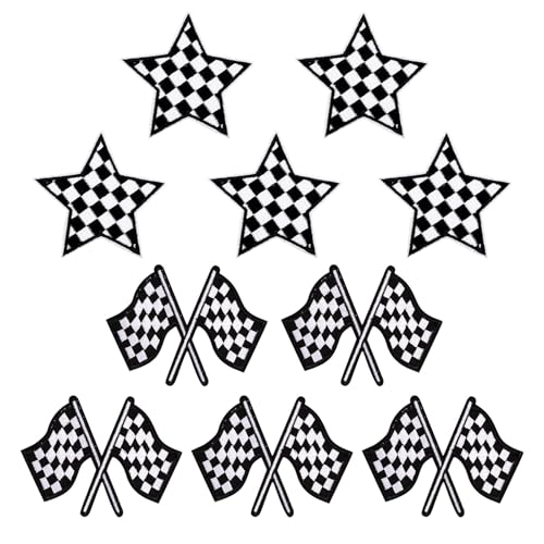 10 Stück Rennsport-Patches, Klassische Schwarz Weiße Dekorative Aufbügler Bestickte Patches und Applikationen für Kleidung, Jeans, Rucksäcke, Hüte (Flagge+Stern) von NQEUEPN