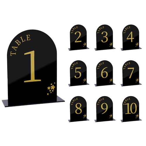 10 Stück Tischnummern Acryl, 12,7 x 17,8cm Bogen Schwarz Tischschilder mit Ständer für Hochzeitsempfang Tisch Tafelaufsatz Jubiläum Veranstaltungen Party Dekoration (Tischnummern 1-10) von NQEUEPN