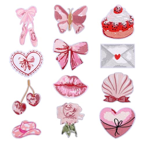 12 Stück Aufbügler, Bügelflicken Rosa Schleife Herz Schmetterling Lippen Kirsche Rose Ästhetik zum Aufnähen bestickte Applikationen für Mädchen Damen Kleidung Rucksäcke Hüte von NQEUEPN