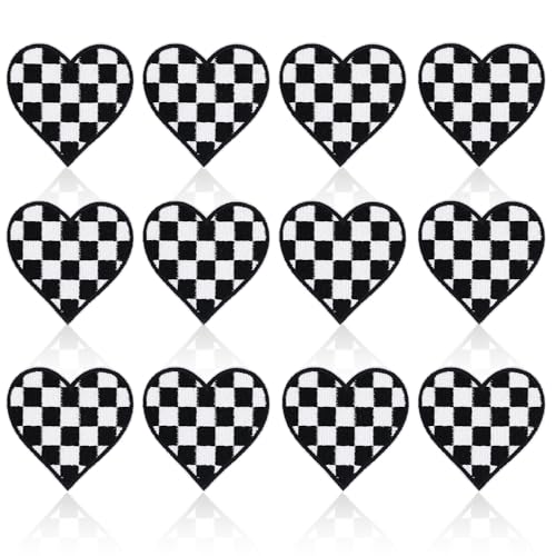 12 Stück Herz Patches Zum Aufbügeln, Renntag Bestickt Aufnäher zum Aufnähen Klassisch Schwarz-Weiß Kariert Dekorative Applikation für Kleidung Jacke Denim Jeans Hemd Hüte Basteln, 6,2x6cm 12 Stück Herz Patches Zum Aufbügeln, Renntag Bestickt Aufnäher zum Aufnähen Klassisch Schwarz-Weiß Kariert Dekorative Applikation für Kleidung Jacke Denim Jeans Hemd Hüte Basteln, 6,2x6cm von NQEUEPN