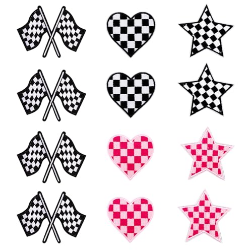 12 Stück Rennsport-Patches, Klassische Karierte Dekorative Aufbügler Bestickte Patches und Applikationen für Kleidung Jeans, Rucksäcke, Hüte (Flagge + Herz + Stern) von NQEUEPN