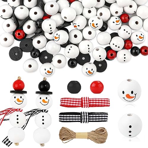 NQEUEPN 150 Stück Holzperlen für Dekoration, Rot, Schwarz, Weiß, 20 mm, 14 mm, Rund, CRAFT_BEAD, Holzperlen, Weihnachten, Schneemann, DIY, Basteln, Dekoration von NQEUEPN