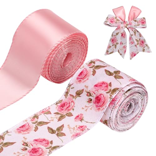 2 Rollen Blumenbänder mit Draht, 6,3cm x 9,14m Satinband Frühlings-/Sommer- Blumen- Deko- Sackleinenband zum Verpacken von Geschenken Kränzen Schleifen Hochzeiten Geburtstagsfeiern (Rosa) von NQEUEPN