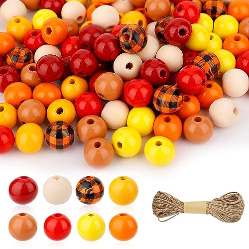 240St Herbst Holzperlen aus Holz, mit Hanfseil, Erntedankperlen, Runde Holzperlen, Holzperlen zum Basteln für DIY Bastelherstellung, Party und Heimdekoration (8 Farben) von NQEUEPN