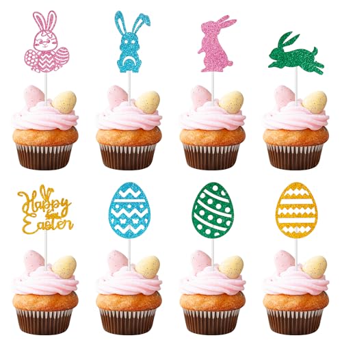 24st Oster Kuchenaufsatz, Ei Cupcake Topper Hasen 8 Stile Glitzernd Ostern Cupcake Toppers Bunt Süß Osterkuchen Dekorationen für Geburtstags Frühlings Mottoparty Osterkuchen Dekoration von NQEUEPN