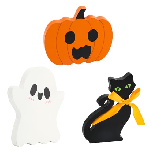 3 St Halloween Tiered Tray Table Sign, Halloween-Holzdekoration Kürbis Geist Schwarze Katze Halloween-Innenstatuen-Dekorationen für Party Zuhause Tischdekoration 3 St Halloween Tiered Tray Table Sign, Halloween-Holzdekoration Kürbis Geist Schwarze Katze Halloween-Innenstatuen-Dekorationen für Party Zuhause Tischdekoration von NQEUEPN